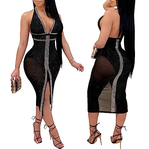 Image of PORRCEY Women's Sexy Rhinestone Mesh See Through Party Night Prom Dress