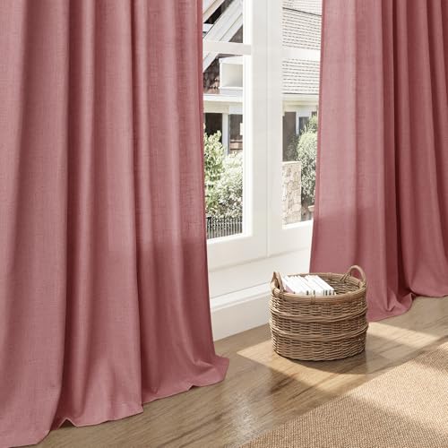 Image of Nanspring Canyon Rose Linen Curtains 90 Inch Long 2 Panels Set for Bedroom Living Room Dusty Rose Linen Textured Window Drapes Semi Sheer Light Filtering Rod Pocket Back Tab Farmhouse Curtain 52x90