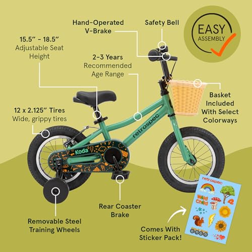 Image of Retrospec Koda Plus Kids Bike for Boys & Girls Ages 2-3 Years - 12 inch Children's Bicycle, Adjustable Seat & Handlebars, Removable Training Wheels, Front Hand Brakes, Rear Coaster Brake & Safety Bell