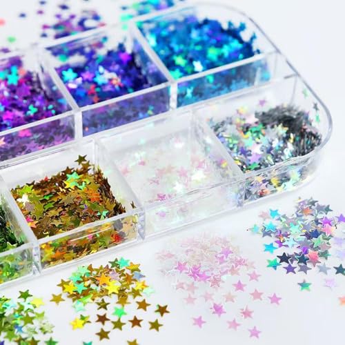 Image of 3 Box Star Nail Glitters Sequins Iirdescent Hographic Colorful 3D Flakes Gradirnt Nail Glitter Design Independence Day Shiny Glitter Powder Manicure for Women Nail Art DIY Decorations Charms