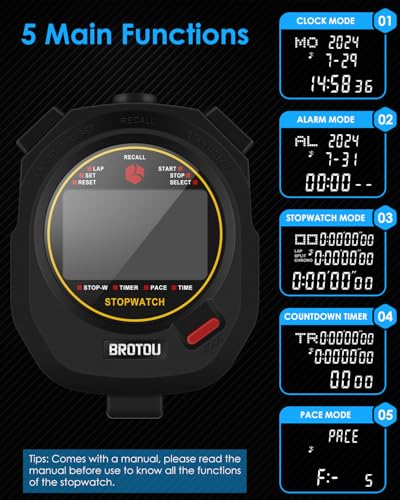 Digital Sports Stopwatch, BROTOU Professional 10 Laps/Splits Stopwatch Timer with Timer Clock Countdown Calendar Alarm, Multi Handheld Stopwatch Timer for Sports Fitness Coaches Referee - Image 4