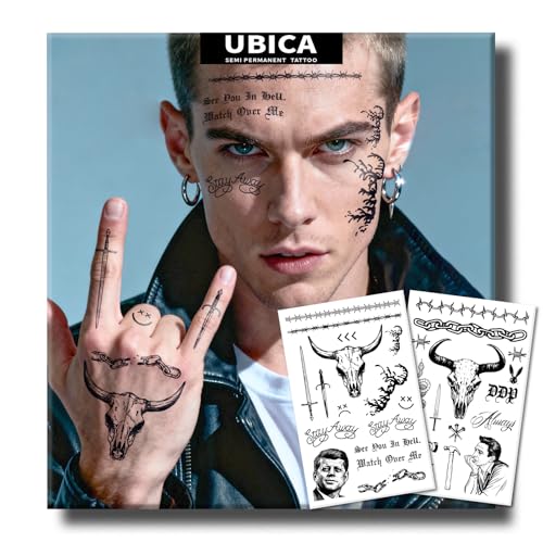 UBICA Semi Permanent Tattoo, 2 Week Cosplay Rapper Temporary Tattoos(Bull Skull, Gothic Text), Hip-Hop Style Face Tattoos Set for Men Women, Perfect for Festival, Halloween & Parties Makeup