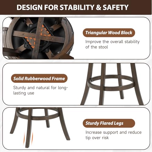 Butacos Giratorios PrimeZone, Altura de Barra 30 Pulgadas, Asiento Acolchado en Cuero Sintético Negro y Espalda Alta, Estructura de Madera de Caucho Sólida con Reposapiés, para Pub o Isla de Cocina – Juego de 2 miniatura 6