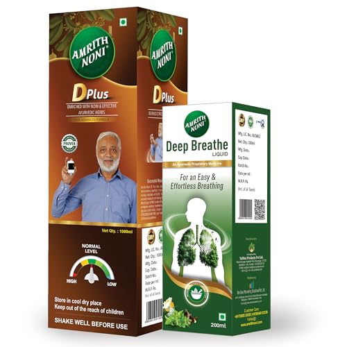 Image of Amrith Noni D Plus juice 1 litre & Deep Breathe Syrup 200ml | Manage Blood Sugar & Detox Your Lungs Naturally| Ayurvedic Combo Pack|