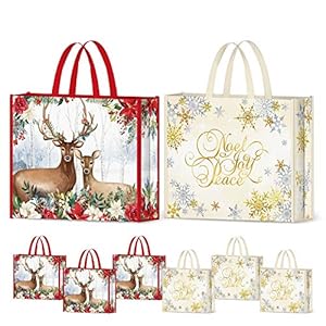 NymphFable 6 Pack Grocery Bags Reusable Eco Friendly Christmas Deer Snowflake Shopping Bags Washable Foldable Large Tote…