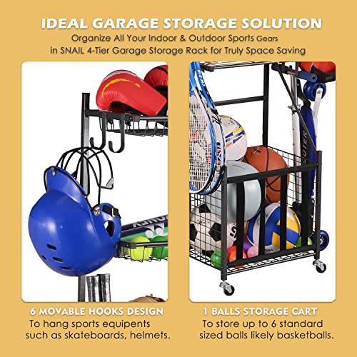 Snail SN-BALLSTORAGE-526 4-Tier Garage Sports Equipment Storage Organizer Sports Ball Storage Rolling Cart thumb #2