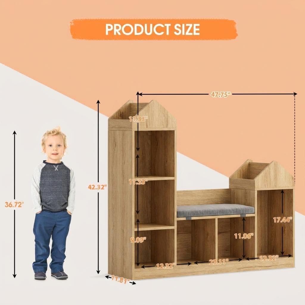 Librería infantil con banco y almacenamiento, mueble MDF natural para
