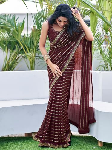 Image of Satrani Women's Georgette Sequence Work Saree with Unstitched Blouse Piece