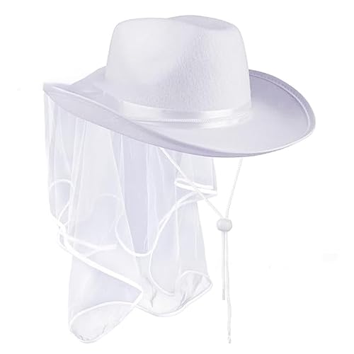 FIRSTXIU Sombrero de vaquera con velo para mujer, sombrero de vaquero blanco para despedida de soltera