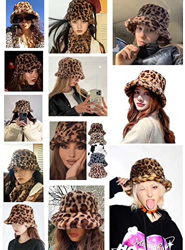 Women's Leopard Print Faux Fur Bucket Hat Fluffy Winter Warmer Plush Fisherman Cap #TOP1