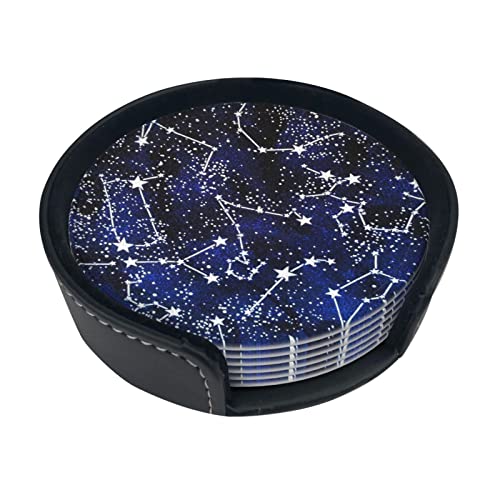 Glow In The Dark Printed Coasters Set Of 6, Pu Leather Round Coasters With Holder, Drinking Coasters Coffee Cup Mat For Bar Kitchen Home #TOP1