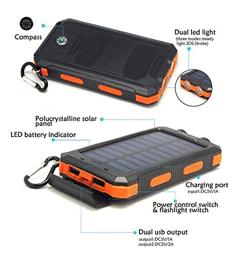 Solar Charger Power Bank 20000Mah Waterproof Portable External Backup Battery Charger Built-In Dual Usb/Flashlight And Compass For All Cell Phone And Electronic Devices(Black & Orange) #TOP4