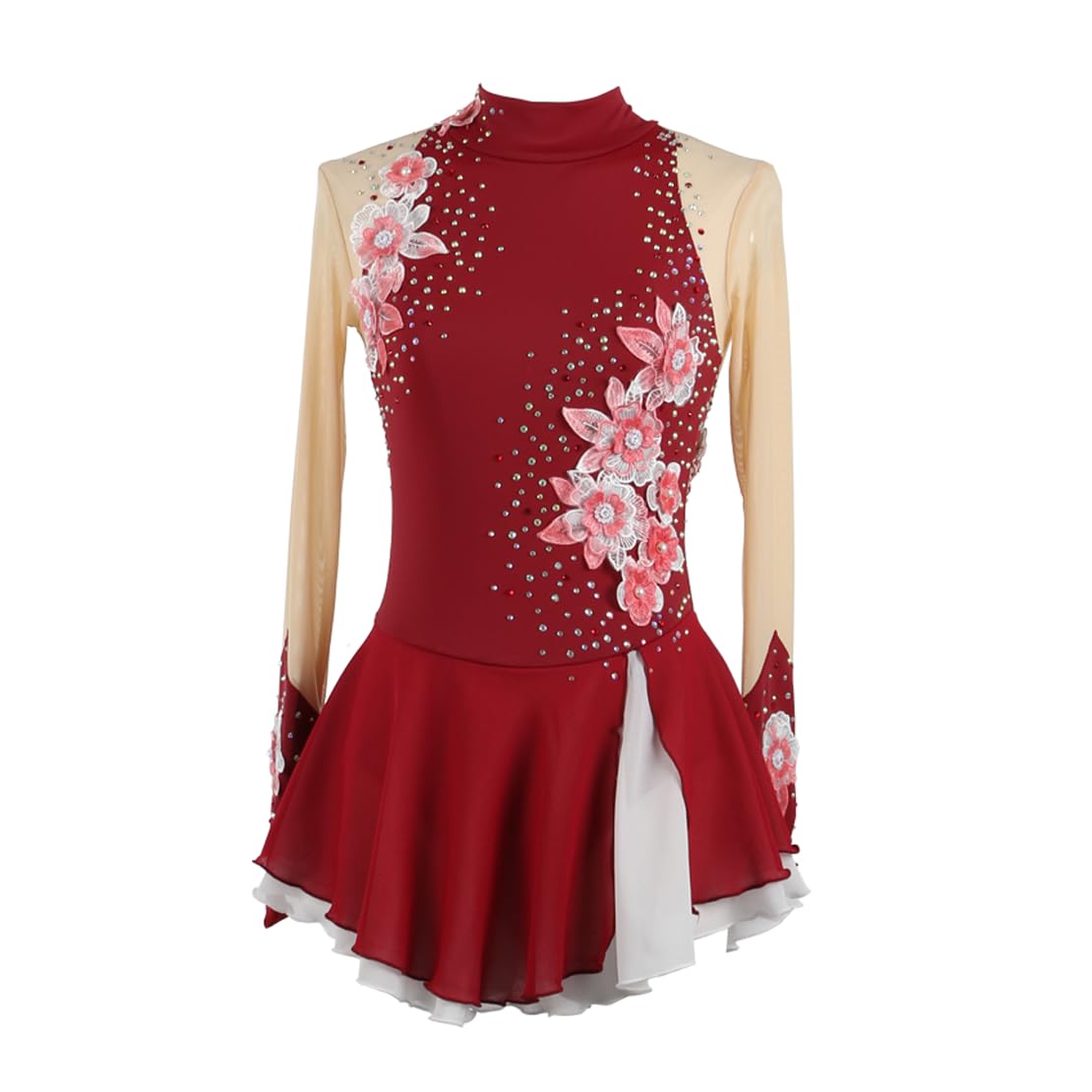 Enfant Fille Robe Patinage Artistique Manches Longues Fleurs Strass Justaucorps Gymnastique Tenue Robe Danse Danse sur Glace Costume