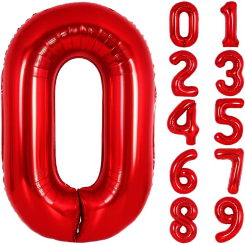 Image of Number Balloons Red Party Balloon - 40 Inch Large Number 0 Balloon, Numbers Balloon Birthday Decorations, Red Party Supplies for Anniversary