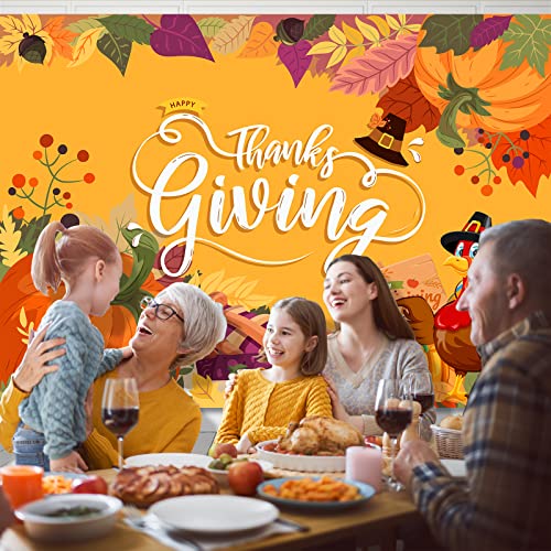 Image of Thanksgiving Backdrop, 84 inch x 60 inch Orange Polyester Thanksgiving Banner with Pumpkin, Maple Leaf & Turkey Design, Great for Photo Booth, Wall Decor, Party Supplies
