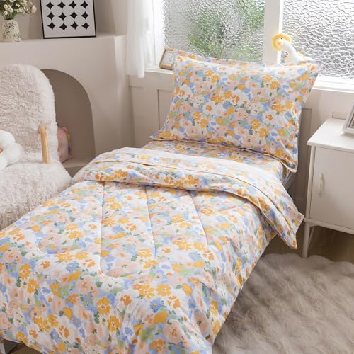 Image of Caressma Twin Size 5 Pieces Comforter Set Bed-in-a-Bag,Soft Fabric Print Yellow Floral for Baby & Kids,Includes Flower Comforter, Fitted Sheet, Flat Sheet，Pillow Case & Pillow Shame for All Seasons