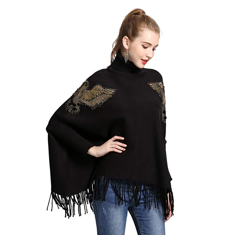 haashpylien Women Winter Poncho Oversized Warm Blanket Cape Wraps Shawl Tassels Turtleneck Pullover Bat Sleeve Sweater Coat Oversized Blanket Scarves Stoles