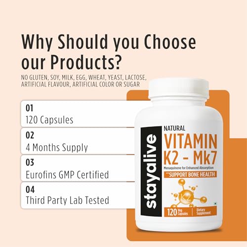 Image of STAY ALIVE Vitamin K2 MK-7 55mcg | High Absorption | 120 Capsules for Strong Bones & Heart Health | Non-GMO, Gluten-Free Vitamin K2 MK7 Supplement For Men and Women