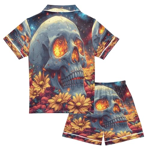 ALAZA Sugar Skull Flower Fire Satin Pajamas Set Short Sleeve Button Down Sleepwear Summer Pjs 2 Piece2