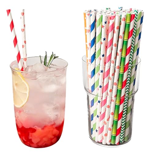 Dreamil 100 Stück Papierstrohhalme, 19,7cm Bunt Gestreifte Papiertrinkhalme, Biologisch Abbaubare Papier Trinkhalme, für Cocktails, Kaffee, Getränke und verschiedene Anlässe（Bunt）