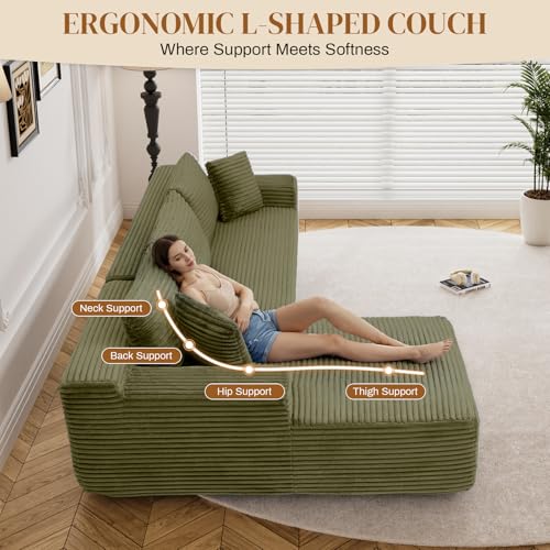 Image of 95 inch L Shaped Boneless Sectional Couches, Wide Armrest, Deep Seat, Memory Foam, Assembly Free, Modern Comfy Corduroy Fluffy Cloud Sofa with Right Chaise for Living Room, Small Spaces, Green