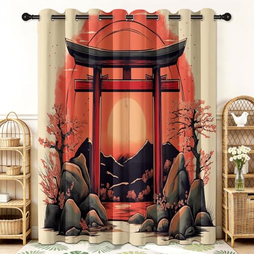 Grabado De Puerta Torii Japonesa Cortinas de Regalo para Nueva Casa 117 x229 cm Crema – Cortinas Opacas Elegantes y Prácticas, Set de 2 Paneles Ideal para Bodas, Cumpleaños o Mudanzas