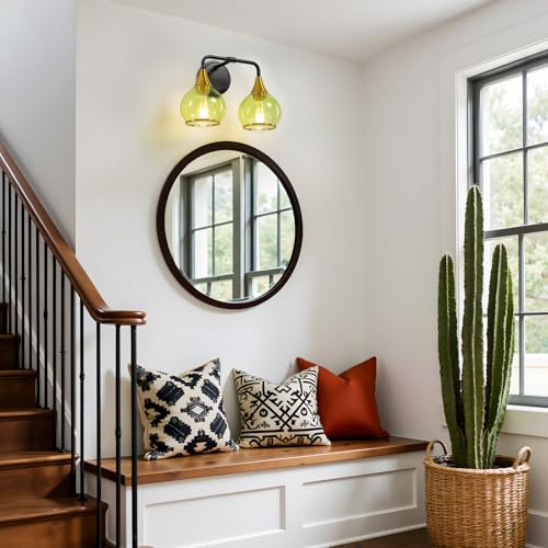 Image of Black and Gold Bathroom Vanity Light 2-Lights Bathroom Light Fixtures Over Mirror with Green Clear Glass Shade 14 inch Wall Sconce Lighting Bath(Exclude E26 Bulb)