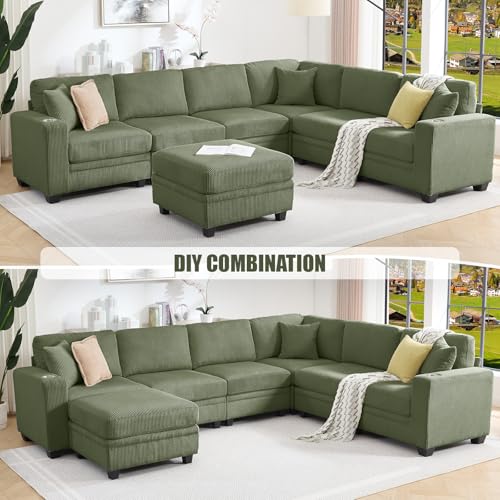 Modular Sectional Sofa, Corduroy 7-Seater Corner Couch with Ottoman Chaise, Convertible L-Shaped U-Shaped Sofa, Sectional Couches for Living Room, Apartment, Green - Image 4