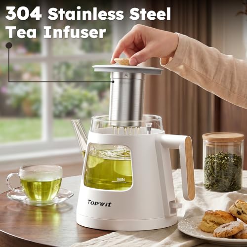 Image of TOPWIT 1L Gooseneck Electric Tea Kettle, Glass Electric Kettle, BPA-free | Removable Stainless Steel Tea Infuser, Visible Window, Auto-Shut Off, Ideal For Pour-Over Coffee, Home & Office, White