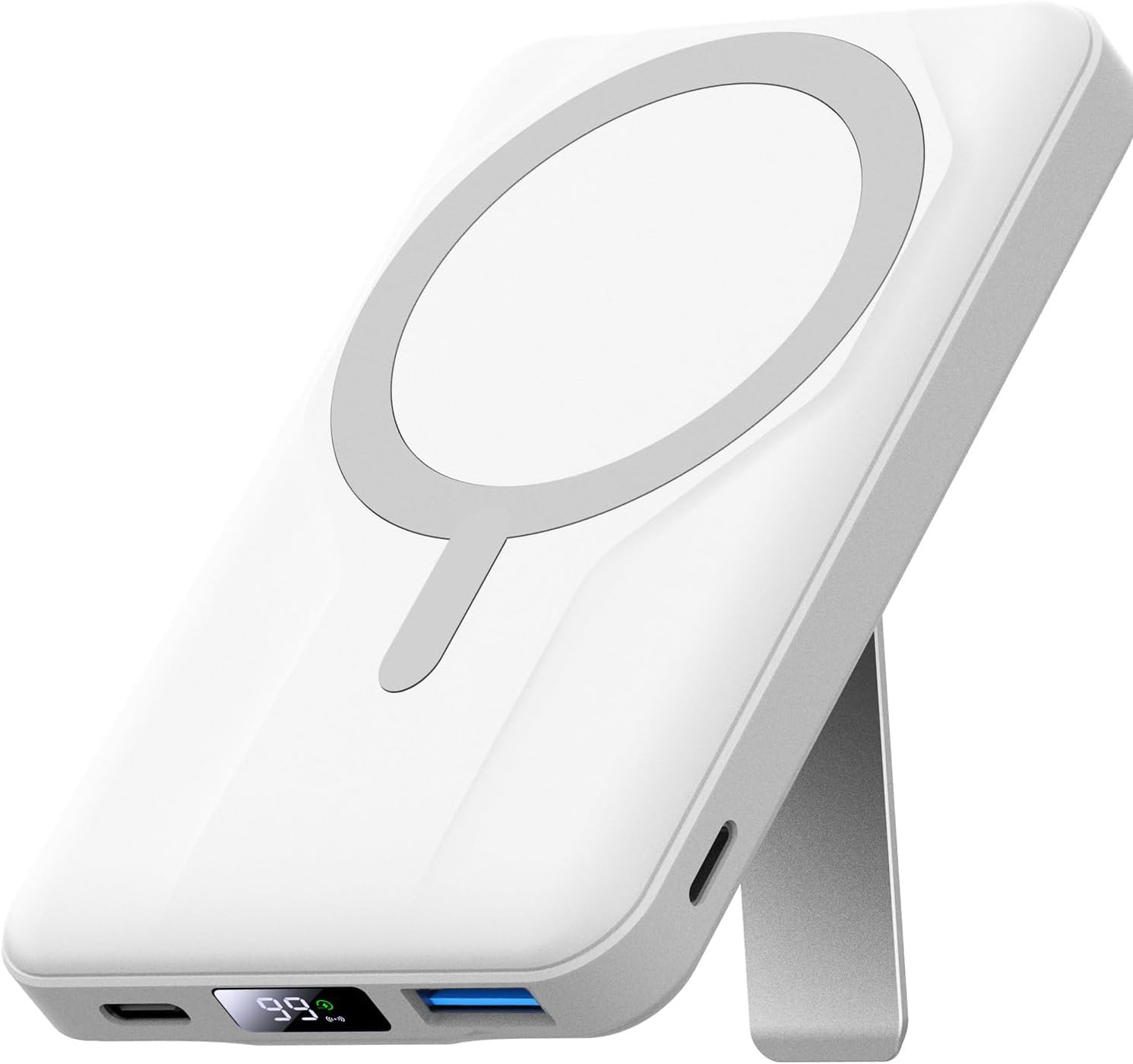 Azmuth Power Bank per Magsafe, 10000mAh Batteria Esterna Magnetica Wireless Ricarica Rapida 20W USB-C con Display LED e Supporto, Caricatore Portatile per iPhone 17/16/15/14/13/12 Serie, Bianco