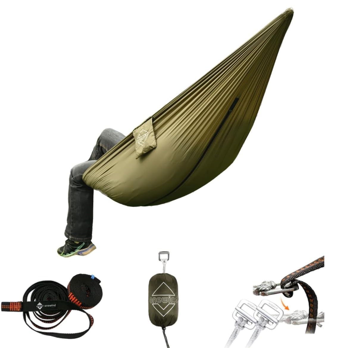 onewind 3-in-1 Ultralight Portable Hammock, Kids & Adults, with Polyester Tree Straps - OD Green