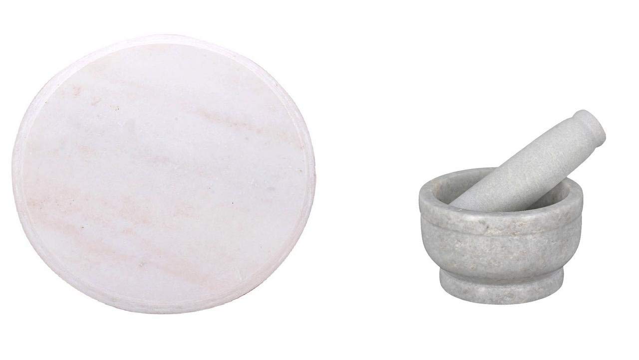 LMR3MAMTA Creations White Marble Chakla - 9" Diameter - Ring Base Rolling Pin Board, Roti Maker and a Spice Masher, Kharal, 4 Inches with Base, Mortar and Pestle Set - from Banks of Holy River Narmada