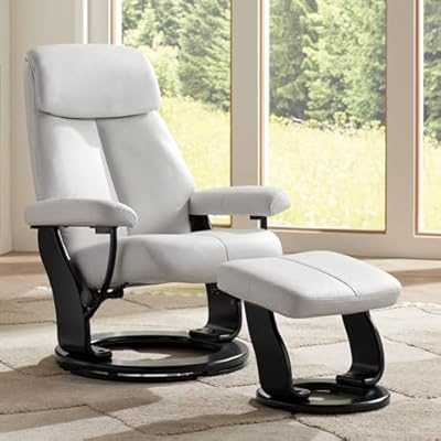 BenchMaster Lucy White Faux Leather Recliner Chair Modern with Ottoman Footrest Ergonomic Manual Reclining Swivel for Bedroom Living Room Reading Home Relax Den Office Entryway Napping from Lamps Plus