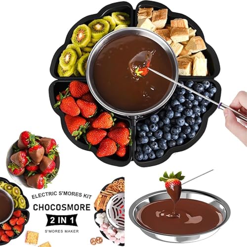 Maker and Fondue Pot - Kit de mesa 2 en 1 para interiores con calentador sin llama, 4 tenedores para asar y 4 bandejas desmontables