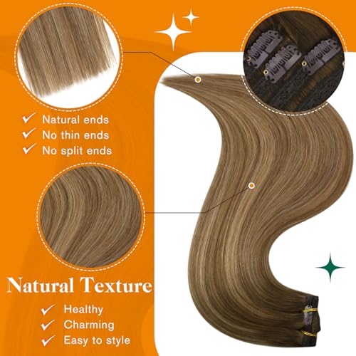 Easyouth Clip in Extensions Real Human Hair Ombre Brown Clips in Human Hair Extension Balayage Brown to Blonde Clip on Real Hair Extensions Natural Looking 20Inch 120g 7Pcs #4/27/4 - Image 4