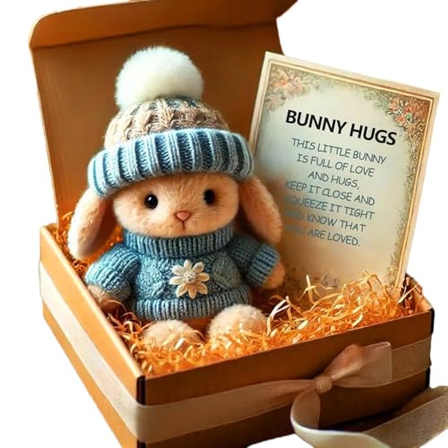 Mini Bunny Hug Cute Easter Gift, Emotional Support Bunny with Knitted Hat and Pom Pom, Handmade Plush Pocket Hug Rabbit doll, Unique Gift For Family Friend Girls Boys - Includes Box & Card (Blue)