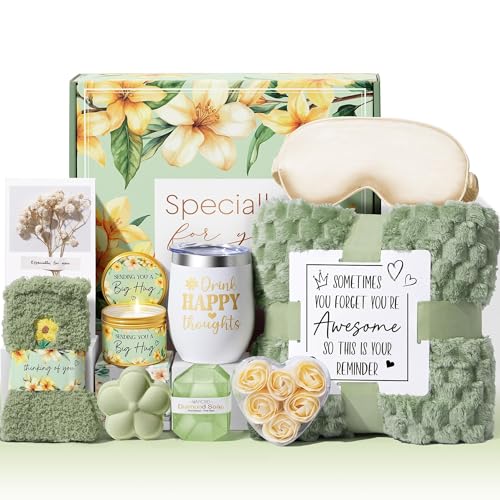Birthday Gifts for Women Self Care Gift, Vanilla Coconut Relaxing Spa Gift Basket Bath Set Get Well Soon Care Package Easter Gifts for Women Mom Her Sister Friend Wife Grandma w/ Blanket