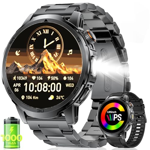FEELNEVER Montre Connectée Homme avec 1000mAh/1,85'' HD Grand Écran/LED Lampe,Smartwatch Homme avec Moniteur de Fréquence Cardiaque et Sommeil/110+ Modes...