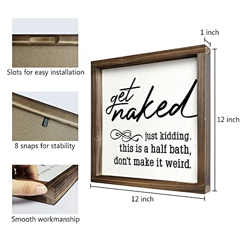 Pinetree Art Get Naked Sign for Bathroom 12x12 Inch Funny Rustic Farmhouse Half Bath Wall Decor Vintage Wooden Frame Ready to Hang