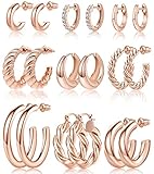 Adoyi Gold Hoop Earrings Set for Women Gold Twisted Huggie Hoops Earrings 14K Rose Gold Plated for G