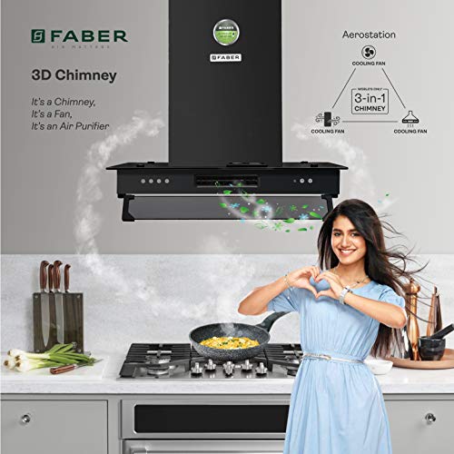 Image of Faber 60 cm 1095 m /HR Straight Glass Kitchen Chimney (3N1 AEROSTATION GLAMOUR 3D FT BK 60, Baffle Filter, Black)
