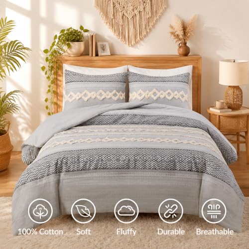 Image of Hyde Lane Boho Queen Comforter Set - 3-Piece Shabby Chic Bedding Sets, Farmhouse Bed Comforter with 2 Pillow Shams, All Season Cotton Top, Gray Tufted Pom Pom