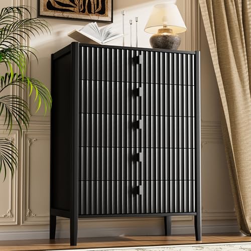 Image of Furniway Black 5 Drawer Dresser, 31.5 inch Wide Modern Chest of Drawers with Fluted Front and Metal Handles, Storage Dresser for Bedroom, Living Room, or Entryway