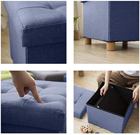 BRIAN & DANY Folding Ottoman Storage Box with Wood Legs, Linen Foot Stool, pouffe footstool with Highly Elastic Sponge Filling, Navy Blue, 38 x 38 x 38 cm