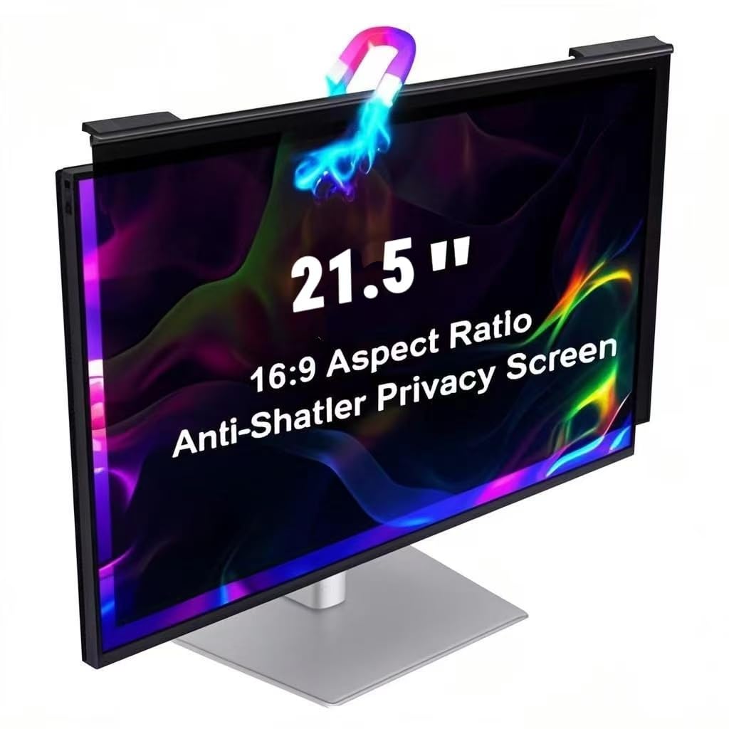 Hoktods Magnetic Hanging Computer Privacy Screen Filter for 21.5 Inch, Removable Aluminum Alloy Privacy Shield for 16:9 Widescreen Monitor, Eye Protection Blue Light Filter