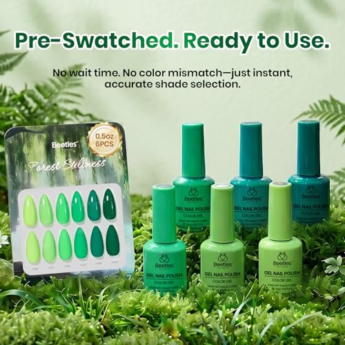 Image of Beetles Green Gel Nail Polish Set - Forest Stillness with Color Card, 6 Colors Summer Green Gel Polish Set 15ML /0.51FlOz, Same Color Bottle Professional Manicure Salon, Soak Off UV LED Summer Nails