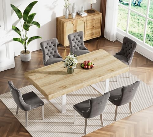 Image of Oak Dining Room Table Set for 6, 7-Piece 63 inch-78.74 inch Extendable Dining Table Set with 6 Upholstered Chairs, Rectangle Wooden Expanding Kitchen Table and Grey Chairs Set