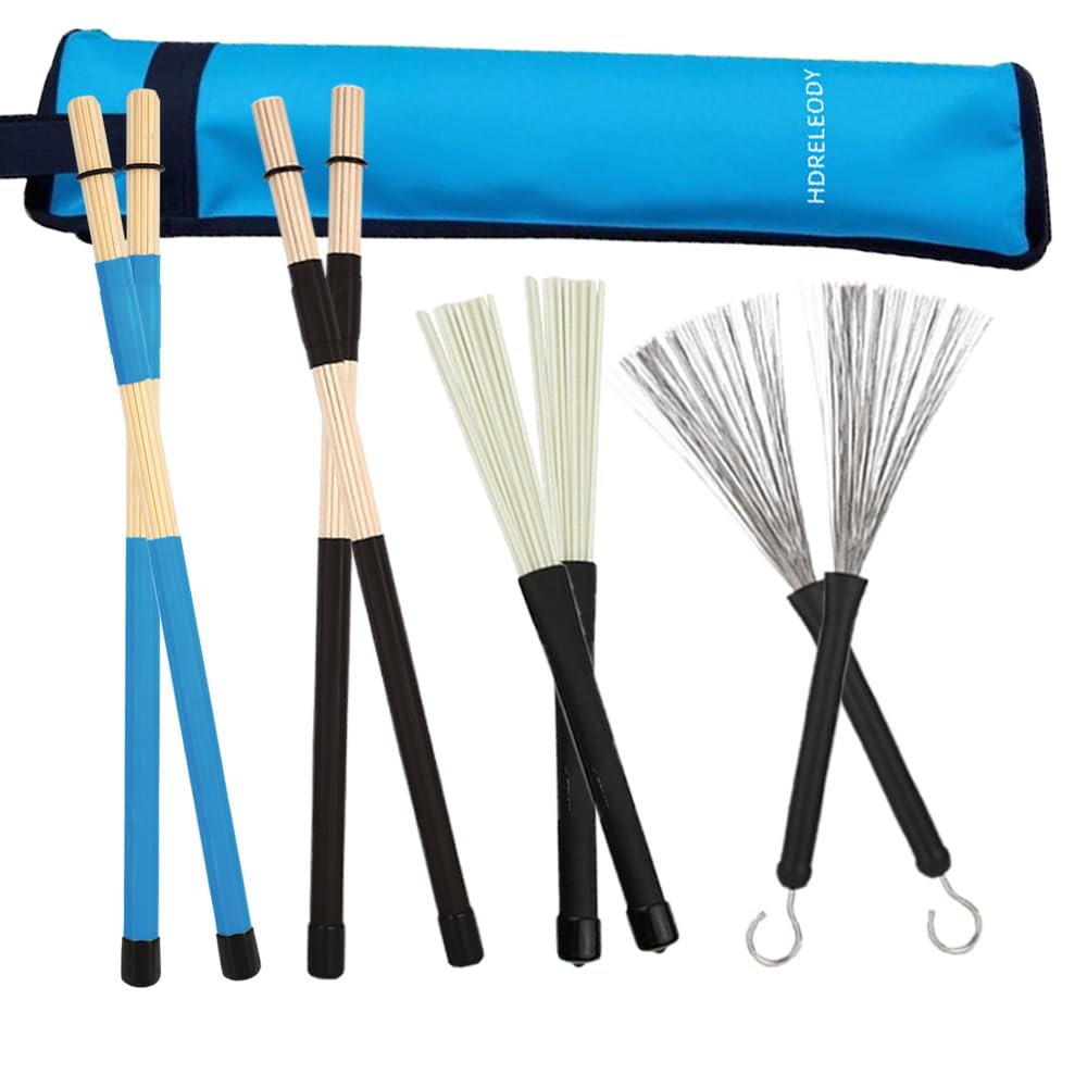 Drumbrush Set 4Pairs,Cahon Metal Wire Brushes,Jazz Nylon Brushes,Percussion,Bamboo Tie Rods,Birch Multi-Rod Bundle Sticks with Blue Drumstick Bag,Suitable for beginners