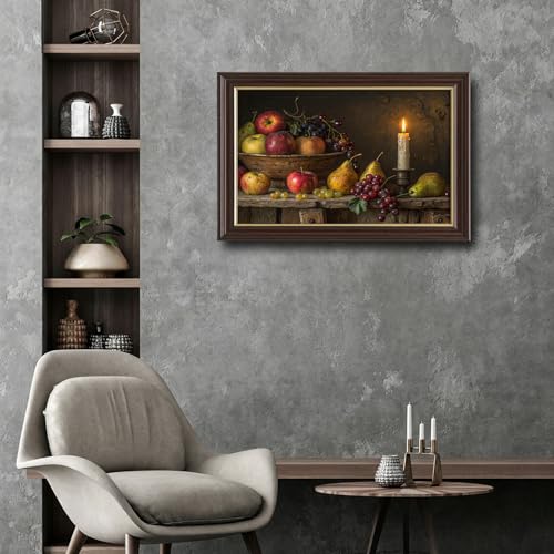 Image of Antique Framed Fruit Still Life Canvas Art, Candlelit Rustic Farmhouse Oil Painting Canvas Prints, Vintage Kitchen Wall Decor Pictures for Living Room Bedroom Home