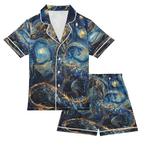 ALAZA Van Gogh Starry Night Sky Dragon Satin Pajamas Set Short Sleeve Button Down Sleepwear Summer Pjs 2 Piece